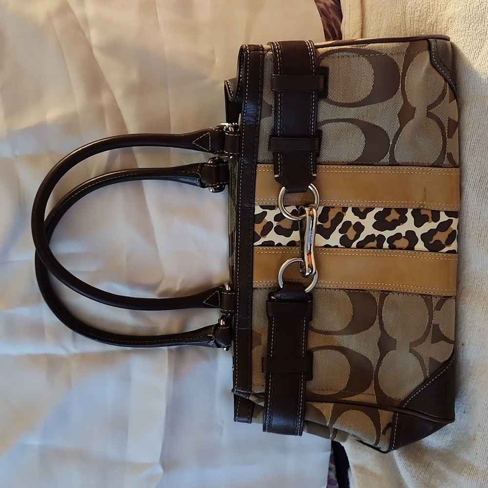 Coach Brown Signature Satchel with cheetah stripe panel EUC